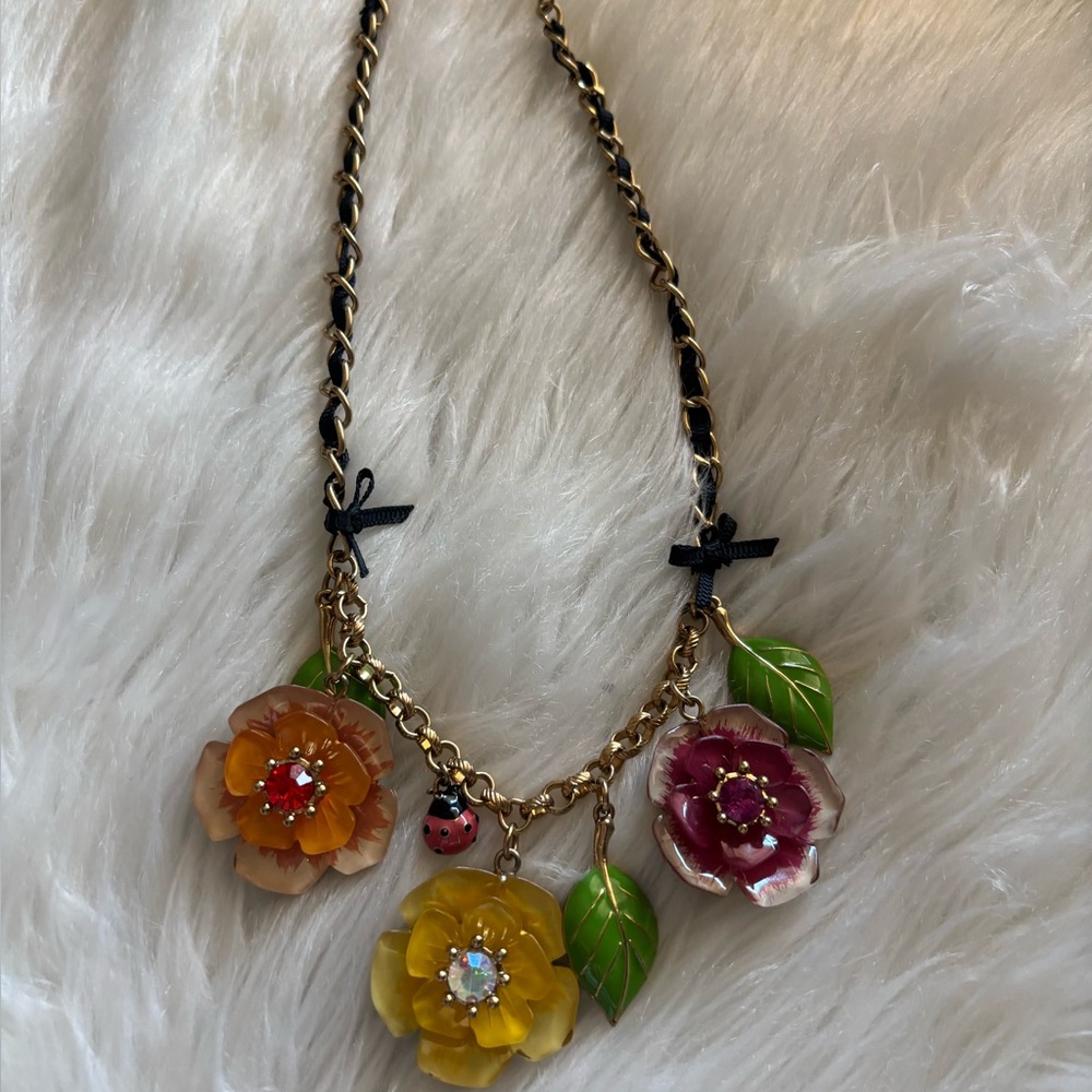 Betsey Johnson Yellow, Orange & Pink Flower Charm Necklace